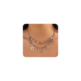 Quivox Silver Y2k Star Necklace for Women,Cute Pentagram Pendant Choker Necklaces Rhinestone Celestial Necklace,Aesthetic Grunge Statement CZ Jewelry Gifts (Silver)