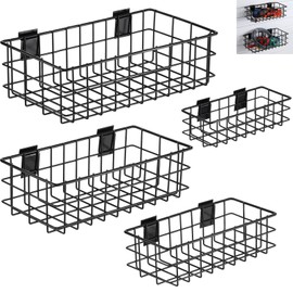 Menkxi 4 Pcs Slatwall Baskets Set Black Ventilated Metal Slatwall Baskets Multiple Sizes Hanging Storage Basket Mounted Slatwall Accessories for Garage Rooms Shops Panels Storage Display Organizing