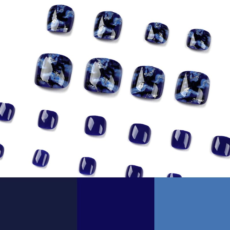 Glossy False Toenails 24PCS Blue Glitter False Toe Nails Full