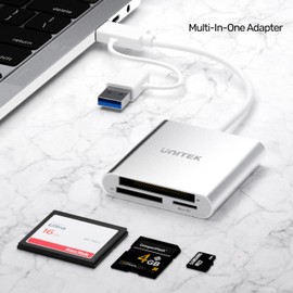 Unitek USB3.0 Type-C Aluminium Card Reader SDHC Micro SD CF Memory Reader, with USB3.0 SuperSpeed Data Transfer (5 Gbps), Multi-in-one, Plug and Play, Bus Powered, Silver