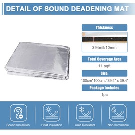 ACROPIX 394mil 10mm 11sqft Universal Sound Deadener Mat 39.4" x 39.4" Glassfiber Foam Heat Shield Material for Car Boat Hood Engine Silver Tone - Pack of 1
