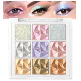 HOSAILY 9 Colors Glitter Eyeshadow Palette, Sparkling Face Eye Shadow Palette Makeup, High Pigment Chameleon Eyeshadow Rainbow Shimmer Highlighter, Long Lasting Waterproof Eye Makeup for Women
