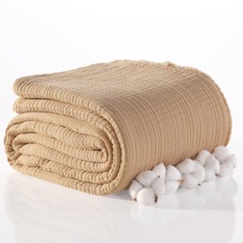 RAYME TEKSTIL Muslin Blanket, Pure 100% Turkish Cotton, Ultra Soft, Lightweight, Decorative, Versatile (Beige, California King Size (95" x 125" inch))