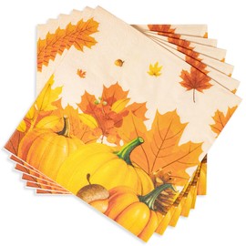 50Pcs Fall Cocktail Napkins, Thanksgiving Dinner Napkins Paper Disposable, 6.5" Autumn Pumpkin Maple Leaf Luncheon Decoupage Hand Towels for Baby Shower, Birthday, Wedding, Farmhouse, Harvest Party