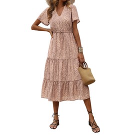 PRETTYGARDEN Floral Dress for Women 2025 Summer Casual Short Sleeve Maxi Dresses V Neck Tiered Flowy Boho Beach Sundress(Apricot,Large)