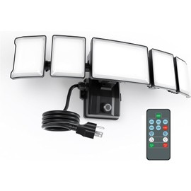 Olafus 120W Plug in Flood Lights Dusk to Dawn LED Outdoor Light with Remote, 5 Adjustable Heads IP65 Waterproof LED Security Light with Photocell for Yard Garden Porch Black