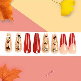 Fall Thanksgiving Press on Nails Long Maple Leaves False Nails Rhinestones Sequins Design Red French Stick on Nails Reusable Full Cover Acrylic Nails Autumn Glue on Nails for Women Festival Nails