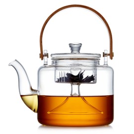 PokaloTea Tea Pot, Heat-resistant Glass, Kettle, Stylish, Tea Pot, Transparent Glass Pot, Compatible with Direct Fire, Large Capacity, 33.8 fl oz (1,000 ml), Glass Tea Strainer, Bamboo Handle,