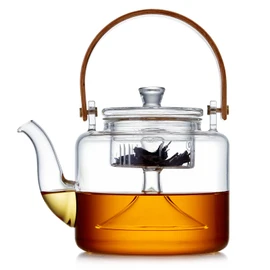 PokaloTea Tea Pot, Heat-resistant Glass, Kettle, Stylish, Tea Pot, Transparent Glass Pot, Compatible with Direct Fire, Large Capacity, 33.8 fl oz (1,000 ml), Glass Tea Strainer, Bamboo Handle,