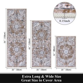 Ileading Boho Kitchen Rugs Sets 3 Piece with Runner Floral Kitchen Floor Mat Carpet Farmhouse Kitchen Rugs and Mats Non Skid Washable Runner Rug for Kitchen Floor Office Sink Laundry, Light Brown