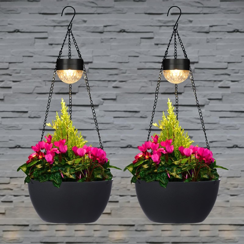 BAYN 2 Packs Solar Hanging Basket Planters for Plants Outdoor,