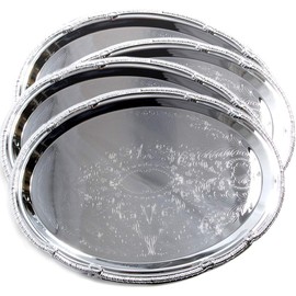 Maro Megastore (Pack of 4) 17.7-Inch x 12.9-Inch Oval Shape Chrome Plated Serving Tray Plate Food Art Decor Floral Pattern Engraved Holiday Party Buffet Wedding Birthday (X-Large) T125xl-4pk