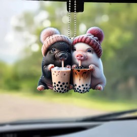 Little Pigs Drinking Boba Tea Acrylic Ornament - 2D Flat Winter Snow Charm for Car Mirror, Backpack Keychain - Cute Party Favor & Gift