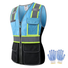 JKWEARSA Women Safety Vest, High Visibility Reflective Mesh Work Vest With Pockets And Zipper For Lady, Girl(Blue And Black, Large)