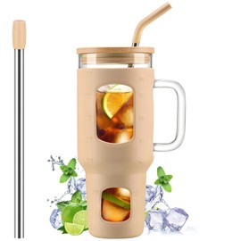WINSA Glass Tumbler with Straw and Lid, 40 oz Glass Cup with Handle, Glass Water Bottles with Time Marker, 2 Straws - Pearl Straw & Drinking Straw Silicone Protective Sleeve-Amber