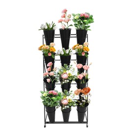 Flower Display Stand with 12 Pieces Buckets, 4-Tier Metal Moving Florist Bouquet Shelf for Flower Shop, Iron Plant Stand with 4 Universal Wheel, for Outdoor Patio Garden (Black)