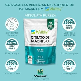 Wellthy Citrato de Magnesio Premium 120 Cápsulas 400mg. 100% Natural, Cápsulas Veganas, Bottle Free.