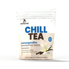 Rapid Fire Chill Tea, Soothing Blend, Promotes Relaxation, With Ashwagandha, Chamomile, Turmeric, Stress Relief Tea, Caffeine Free, 14 Tea Bags, 14 Servings