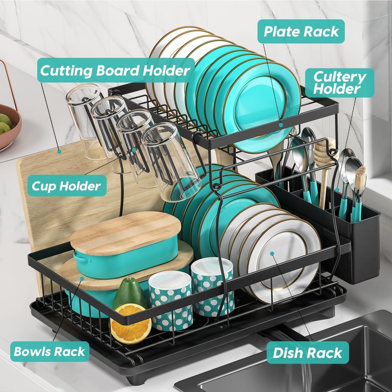 MERRYBOX Dish Drying Rack Large Capacity 2 Tier Dish Drying