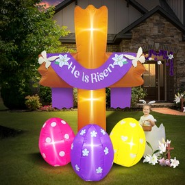 inslife 8FT Tall Inflatable Cross He is Risen with Easter Eggs Decoration Built-in 5 LED Lights Blow Up Easter Outdoor Yard Inflatable Decorations