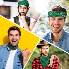 PLULON 12 Pack Green Bandanas for Men Women, Paisley Pattern Bandana Bulk Headbands Men Handkerchief Cowboy Face Mask Square Scarf Headwear 100% Polyester