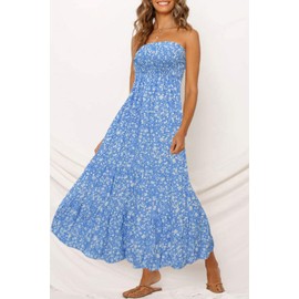ZESICA Women's Summer Bohemian Floral Printed Strapless Beach Party Long Maxi Dress,Blue,Medium