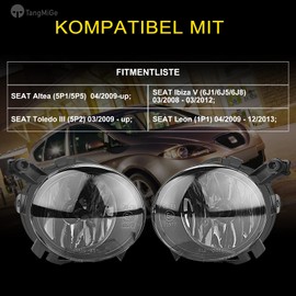 TangMiGe Fog Light Compatible with Seat Altea (5P1/5P5) 04/2009-up, Ibiza V 5 (6J1/6J5/6J8) 03/2008-03/2012, Toledo III 3 (5P2) 03/2009-up, Leon (1P1) 04/2009 9-12/2013 HB4 51W Pair Smoke