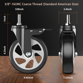 5 inch Heavy Duty Caster Wheels, Stem Casters Set of 4, 3/8"-16 x 1(Stem Diameter 3/8", Stem Length 1"),Locking Swivel Threaded Stem Casters Set of 4