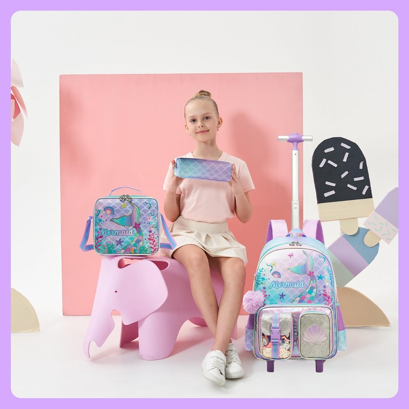 HTgroce Mermaid Rolling Backpack with Wheel,School Backpack for Kids Girl