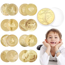Tooth Fairy Coins, Tianher 16 Pieces Gold Tooth Fairy Coin Gifts Girls Boys Commemorative Coins with Different Patterns for Lost Tooth Children Gifts Souvenir