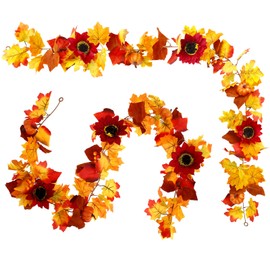 2 Pcs 2m Artificial Maple Leaf Garland, Maple Leaf Vine，Autumn Leaf Garland Hanging Autumn Leaf Garland Decorative Fall Maple Leaf Garland Fake Autumn Foliage Garland for Home Wall Doorway (Style 2)