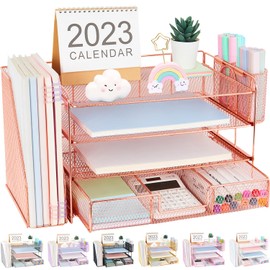 OPNICE OPNICE Desk Accessories - Workspace Organizer with 2 Pen Holders, 4 Tier Paper Organizer (Rose Gold)