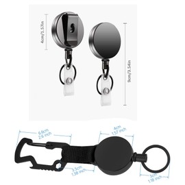 Pack of 2 retractable key rings, retractable key fob, ID clip, extendable, robust ID holder with multi-tool carabiner hook, key fob extendable