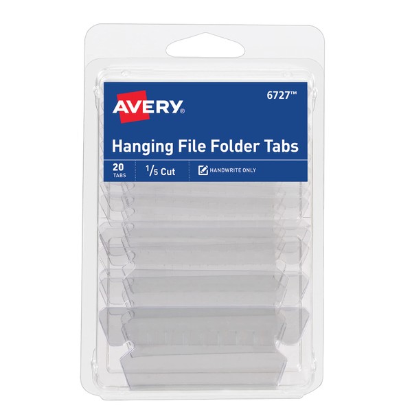 Avery Hanging File Tabs, 1/5 Cut, Clear, Permanent, Pack of 20 (6727)