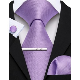 YOHOWA Lavender Zipper Ties for Men Solid Pre-Tied Tie with Tie Clip Extra Long Adjustable Necktie Pocket Square Cufflinks Set
