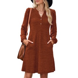 ZAFUL Women Fall Dresses 2025 Casual Long Sleeve Sweater Dress V Neck Knit Dress with Pockets Orange