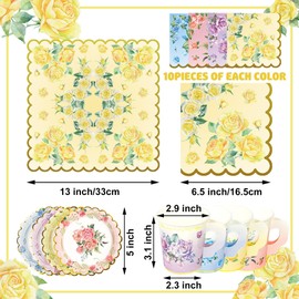 Fairooth 40 Set Floral Tea Cups and Saucers Disposable Tea Party Supplies Colorful Flower Teacups with Handle and Paper Napkins Dinnerware Set for Floral Theme Tea Party Birthday Wedding Bridal Shower Supply