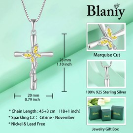 Blaniy Cross Necklace for Women 925 Sterling Silver Butterfly Necklace November Birthstone Necklace Citrine Pendant Jewelry Gifts for Women