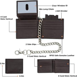 Bikers RFID Safe Pure Leather Bi-fold Chain Wallet Key Holder Flip up Thumb ID (Dark Brown 521 with Chain)