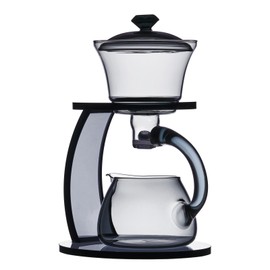 MOZEO Glass Teapot Set Semi Automatic Drip Rotating with Infuser Lazy Kungfu Tea pot Set Heat Resistant Tea Set (Grey)
