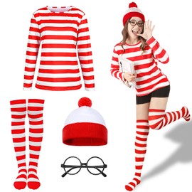 Moiuguli Adult World Book Day Costume Long-Sleeved Red and White Striped T-Shirt, White & Red Bobble Hat, Socks, Round Glasses Carnival World Book Day Costumes Fancy Dress for Women (M)