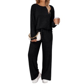 LILLUSORY Womens Lounge Sets 2 Piece Matching Pajamas Fall Fashion 2025 Ribbed Knit Outfits Long Sleeve Casual Sweatsuits Trendy Plus Size Sweaters Cute Sleep Wears Travel Soft Clothes Black M