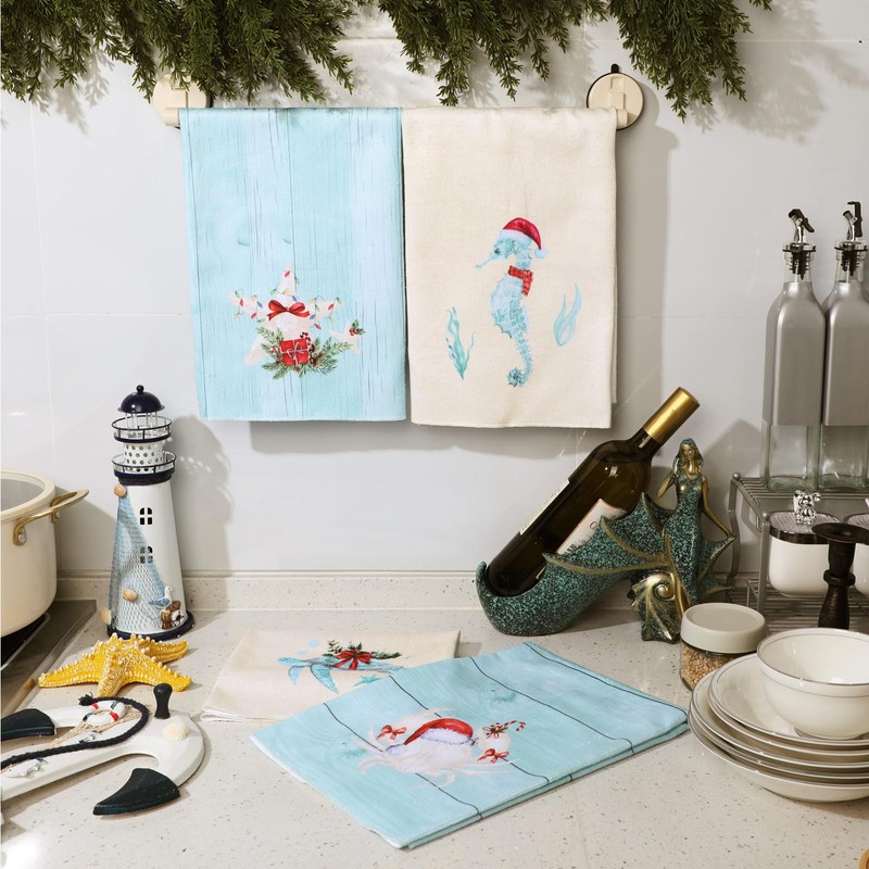 Remagr 4 Pcs Christmas Coastal Sealife Kitchen Towels 18 x