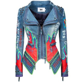 FUYUAN Women's fashion studs perfectly shaped artificial leather jacket graffiti punk motorcycle jacket(2XL-Denim Blue)