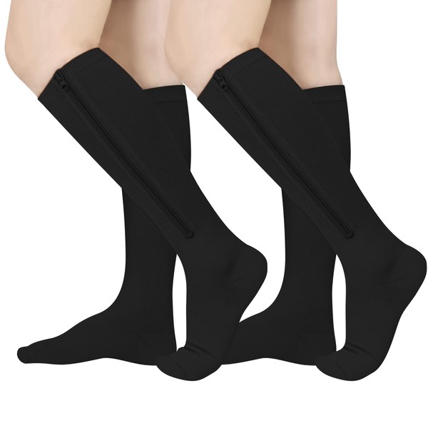 Athbavib 2 pares de calcetines de compresión con cierre, 15-20 mmHg, calcetines de compresión con cierre para mujeres y hombres, Negro, XX-Large