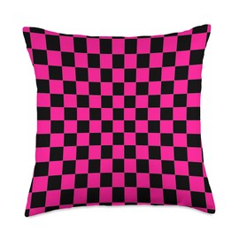 Hot Pink and Black Checkered Checkerboard Pattern Throw Pillow