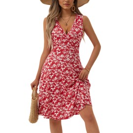 GUBERRY Womens Red Floral Sun Dress for Curvy Women, Casual Summer Dress with Pockets, Medium, Above Knee, V-Neck, Sleeveless, Red