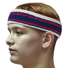 COUVER HB777 Long Thick Sports Basketball Headband for Large Head (1 Piece) White/Blue/Red