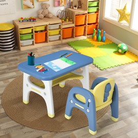 HONEY JOY Kids Table and Chair Set, Dinosaur Shape Children Activity Table and 1 Chair for Art Craft, Building Blocks, 2-Piece Toddler Furniture Set for Daycare Playroom, Gift for Boys Girls, Blue