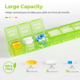 AUVON Moisture-Proof Monthly Pill Organizer, Large 28-Day Compartments | Removable 4 Weeks Pill Box Case, Travel-Friendly to Store Fish Oils, Vitamins